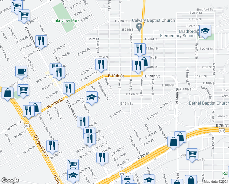 map of restaurants, bars, coffee shops, grocery stores, and more near 504 East 17th Street in San Angelo