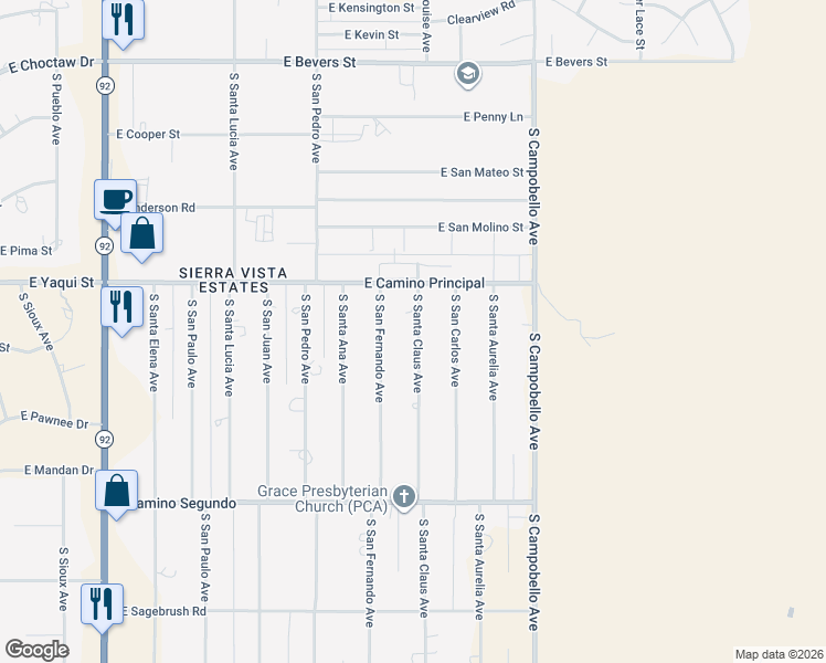 map of restaurants, bars, coffee shops, grocery stores, and more near 4856 South Santa Claus Avenue in Sierra Vista