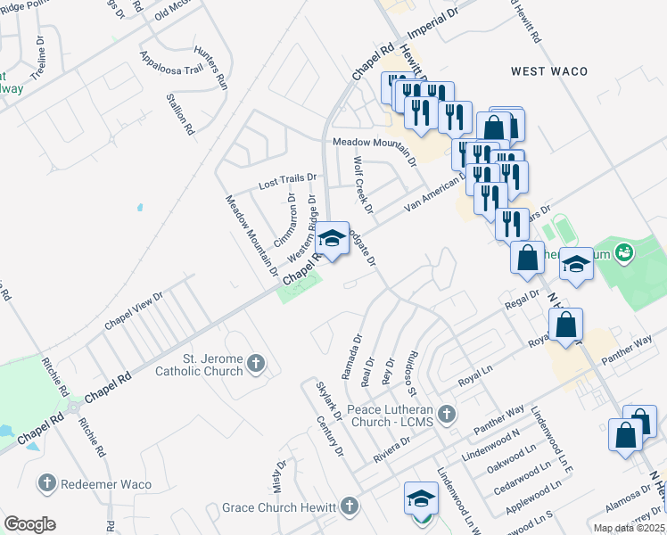 map of restaurants, bars, coffee shops, grocery stores, and more near 9400 Chapel Road in Waco