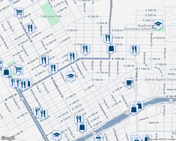 map of restaurants, bars, coffee shops, grocery stores, and more near 1801 Pecan Street in San Angelo