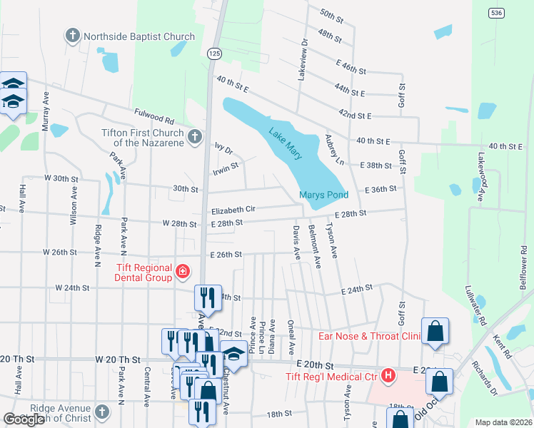 map of restaurants, bars, coffee shops, grocery stores, and more near 348 Elizabeth Cir in Tifton