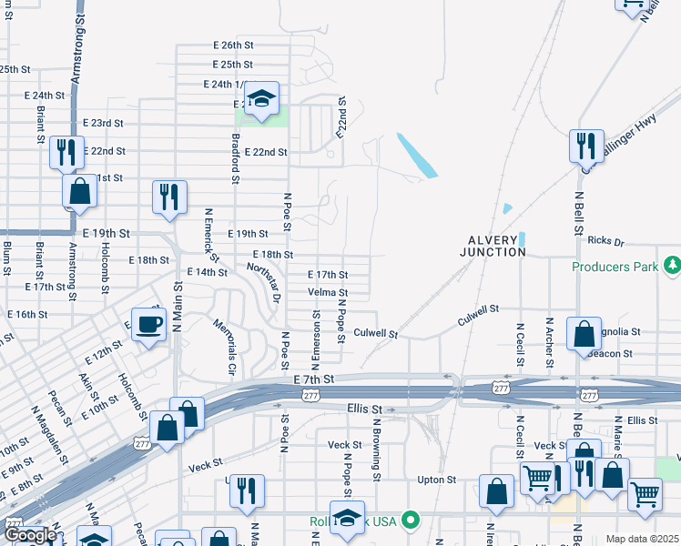 map of restaurants, bars, coffee shops, grocery stores, and more near 1498 E 17th St in San Angelo