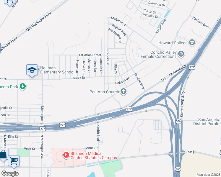 map of restaurants, bars, coffee shops, grocery stores, and more near 1017 Gregory Drive in San Angelo