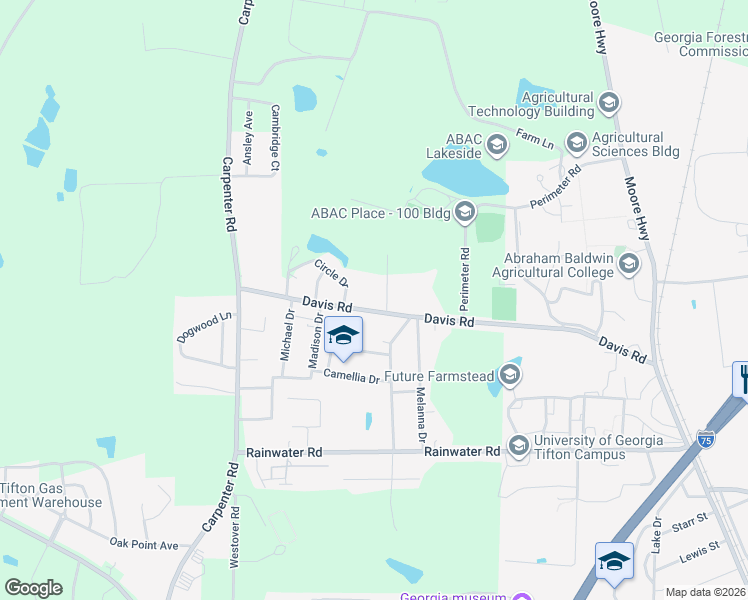map of restaurants, bars, coffee shops, grocery stores, and more near 2809 Davis Road in Tifton