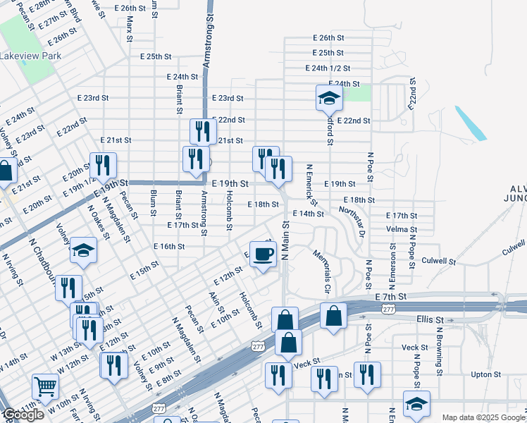 map of restaurants, bars, coffee shops, grocery stores, and more near 1701-1799 Wade St in San Angelo