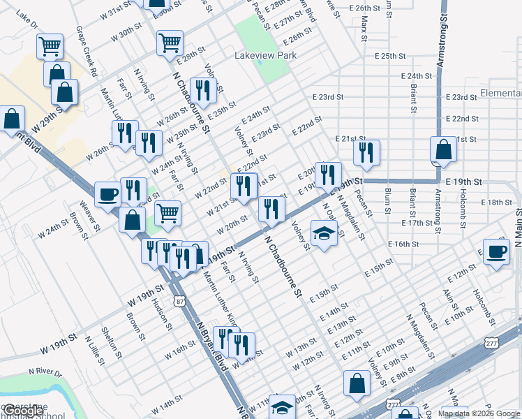 map of restaurants, bars, coffee shops, grocery stores, and more near 98 East 20th Street in San Angelo