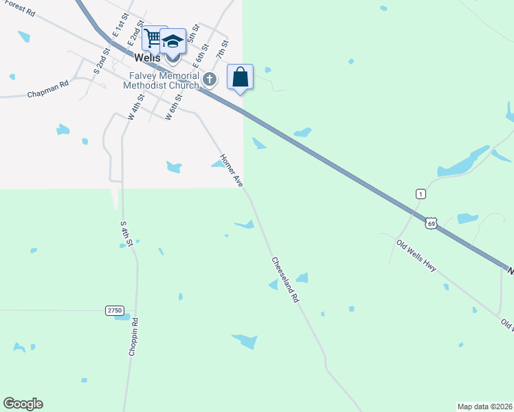 map of restaurants, bars, coffee shops, grocery stores, and more near 580 County Road 2751 in Wells