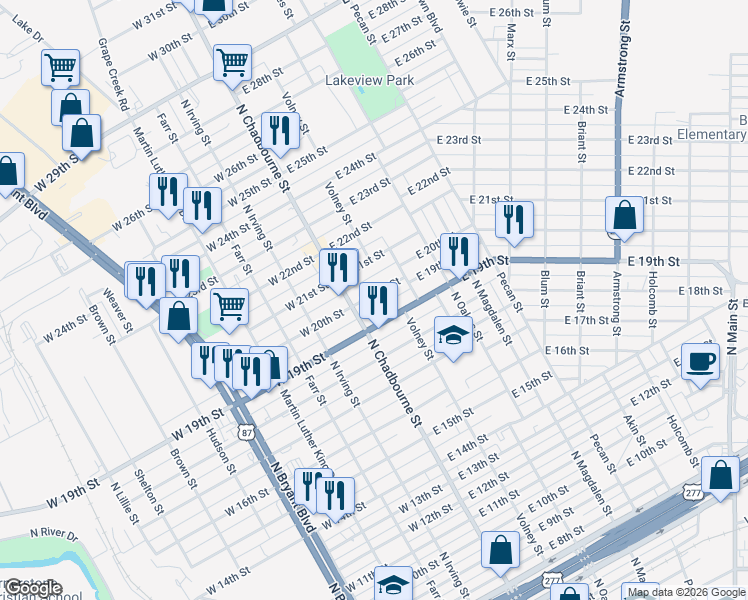 map of restaurants, bars, coffee shops, grocery stores, and more near 2-98 East 20th Street in San Angelo