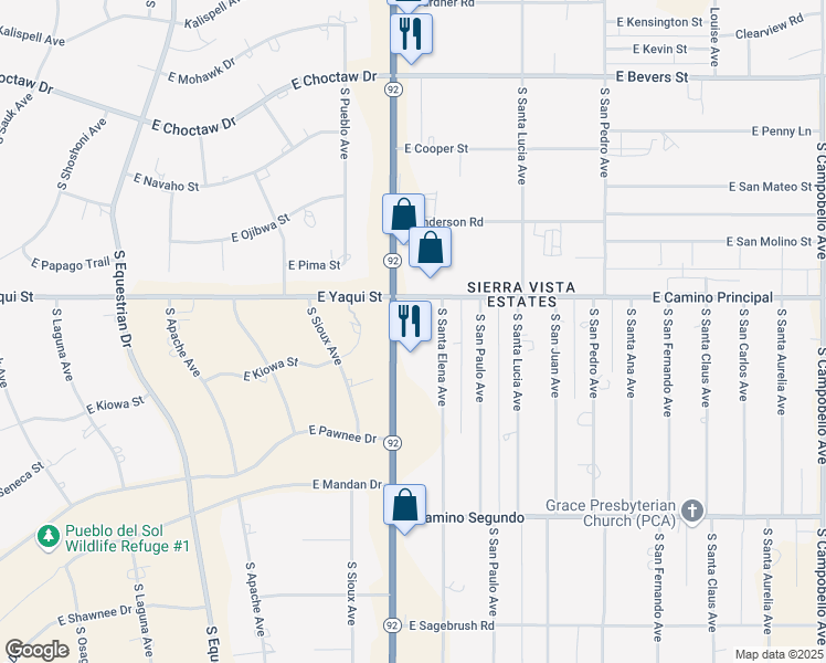 map of restaurants, bars, coffee shops, grocery stores, and more near 4847 South Highway 92 in Sierra Vista