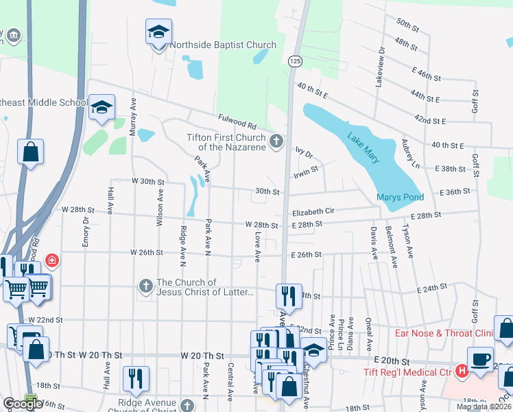 map of restaurants, bars, coffee shops, grocery stores, and more near 2846 Rosehill Drive in Tifton