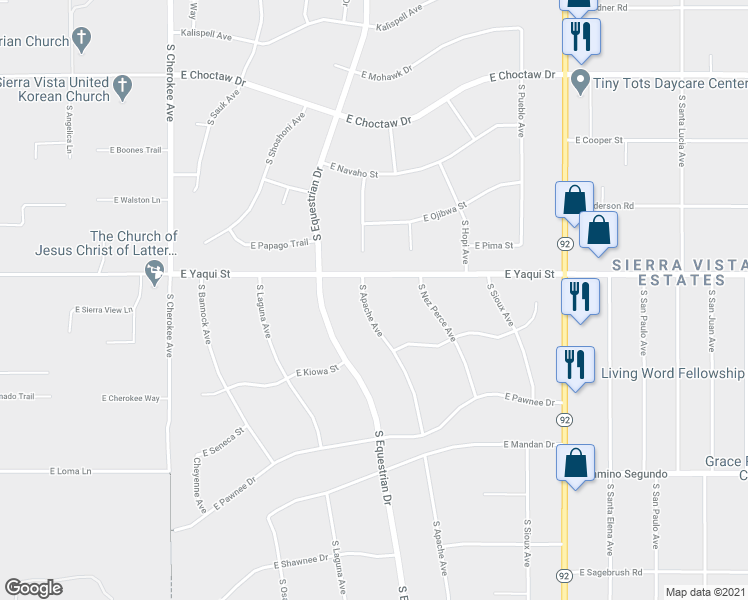map of restaurants, bars, coffee shops, grocery stores, and more near 4835 South Apache Avenue in Sierra Vista