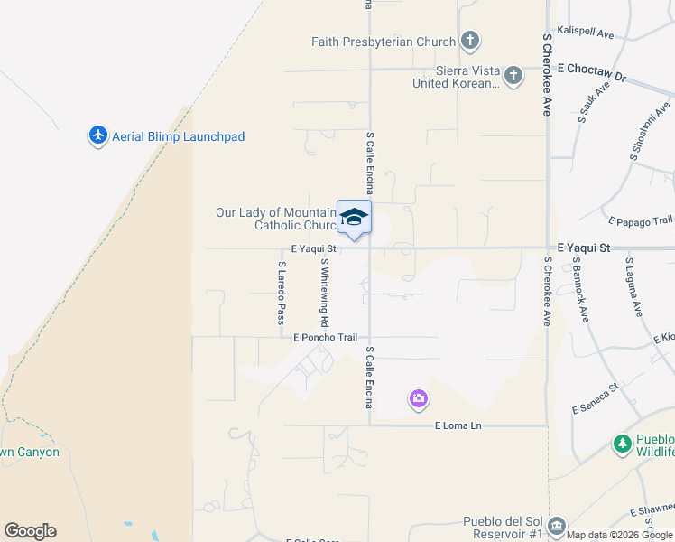 map of restaurants, bars, coffee shops, grocery stores, and more near 4865 South Whitewing Road in Sierra Vista