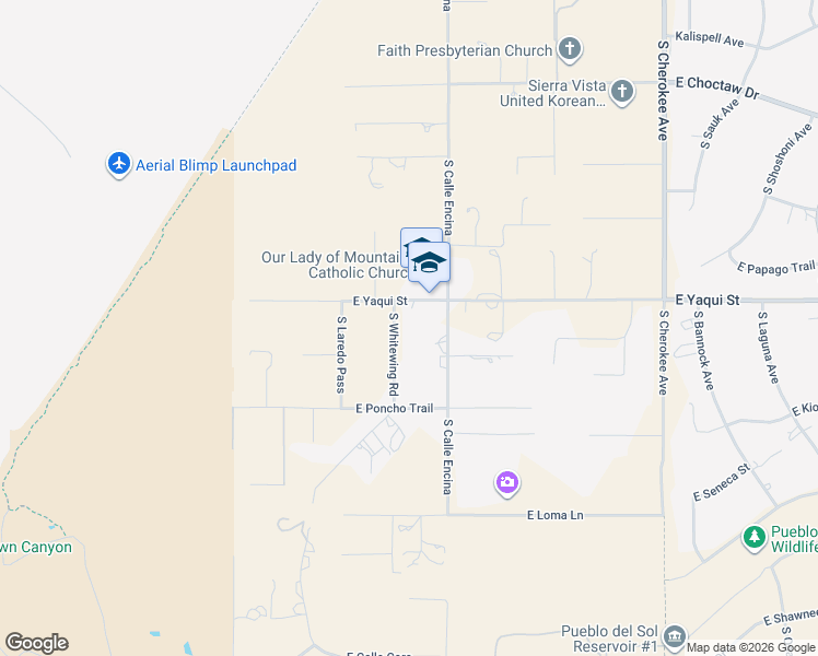 map of restaurants, bars, coffee shops, grocery stores, and more near 4865 South Whitewing Road in Sierra Vista