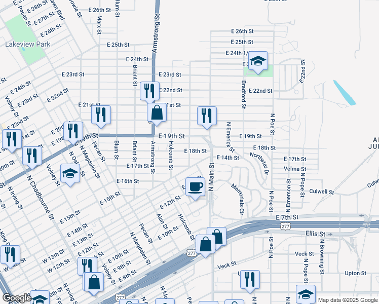 map of restaurants, bars, coffee shops, grocery stores, and more near 1799 Wade St in San Angelo