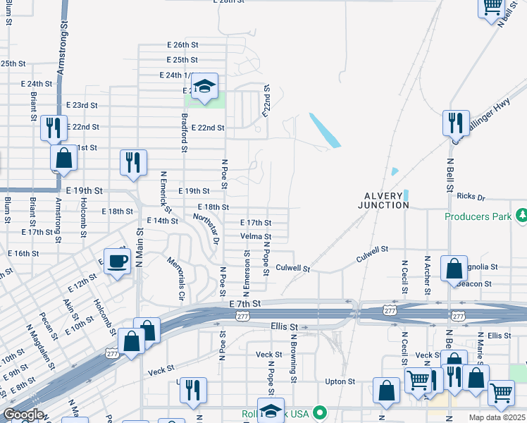 map of restaurants, bars, coffee shops, grocery stores, and more near 1400-1498 E 17th St in San Angelo