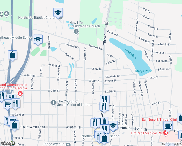 map of restaurants, bars, coffee shops, grocery stores, and more near 2844 Rosehill Drive in Tifton
