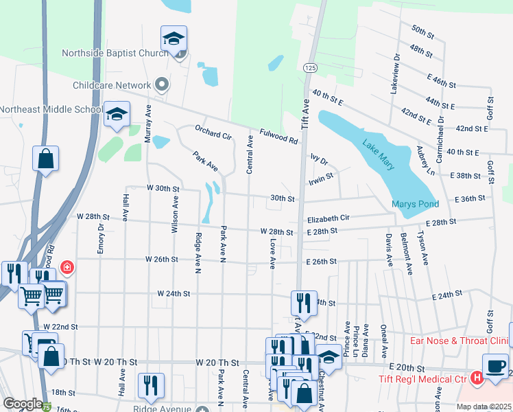 map of restaurants, bars, coffee shops, grocery stores, and more near 2844 Rosehill Drive in Tifton