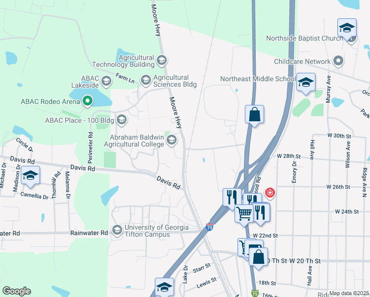 map of restaurants, bars, coffee shops, grocery stores, and more near 2802 Moore Highway in Tifton