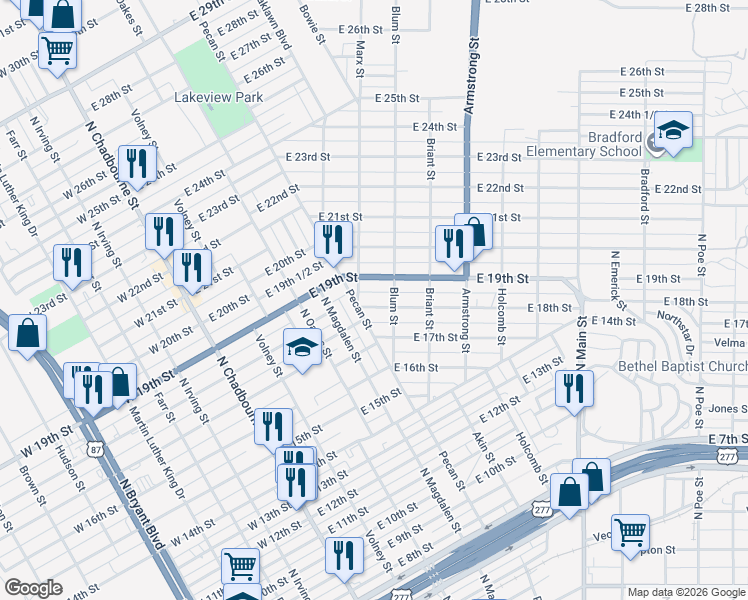 map of restaurants, bars, coffee shops, grocery stores, and more near 401-599 E 19th St in San Angelo