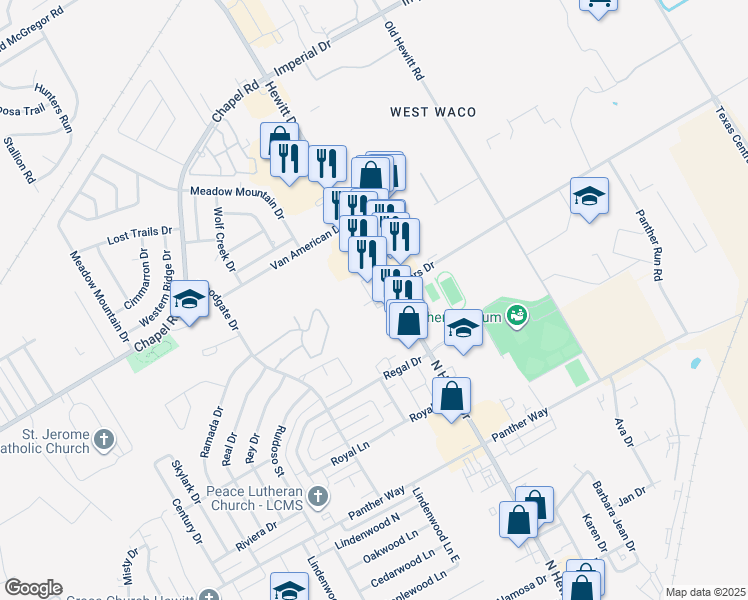 map of restaurants, bars, coffee shops, grocery stores, and more near 1511 Hewitt Drive in Hewitt