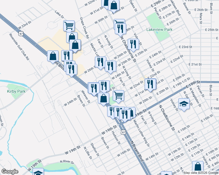map of restaurants, bars, coffee shops, grocery stores, and more near 512 Stardust Lane in San Angelo