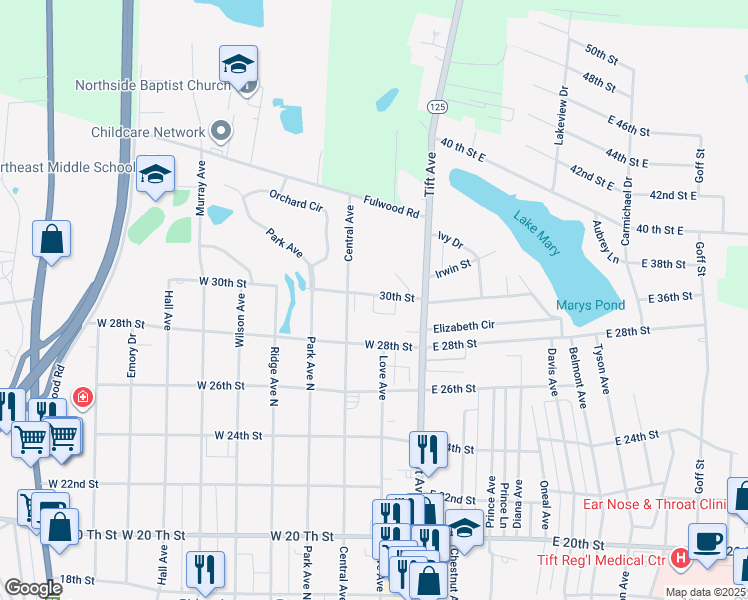 map of restaurants, bars, coffee shops, grocery stores, and more near 2810 Rosehill Drive in Tifton