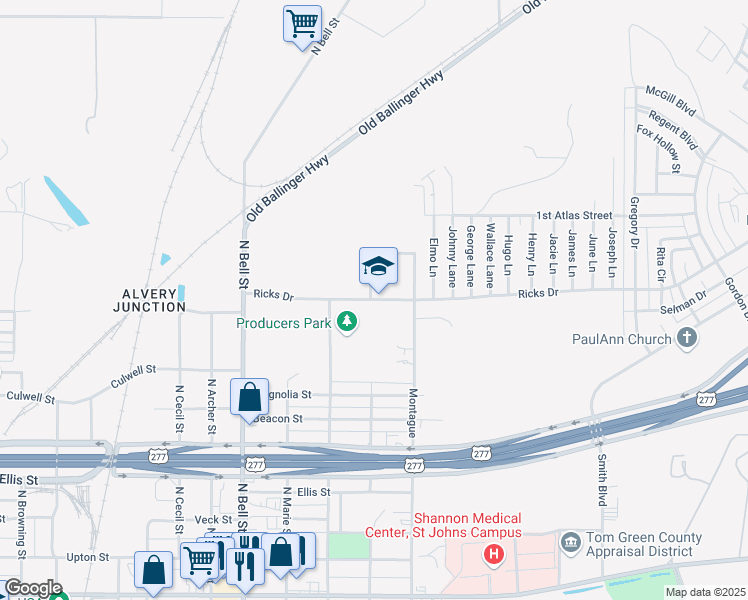 map of restaurants, bars, coffee shops, grocery stores, and more near 1900 Ricks Drive in San Angelo