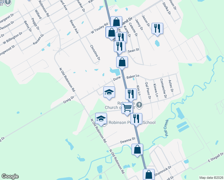 map of restaurants, bars, coffee shops, grocery stores, and more near 624 Apple Cross Court in Robinson
