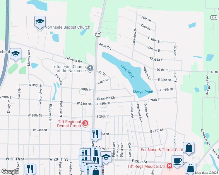 map of restaurants, bars, coffee shops, grocery stores, and more near 3005 Ivy Drive in Tifton
