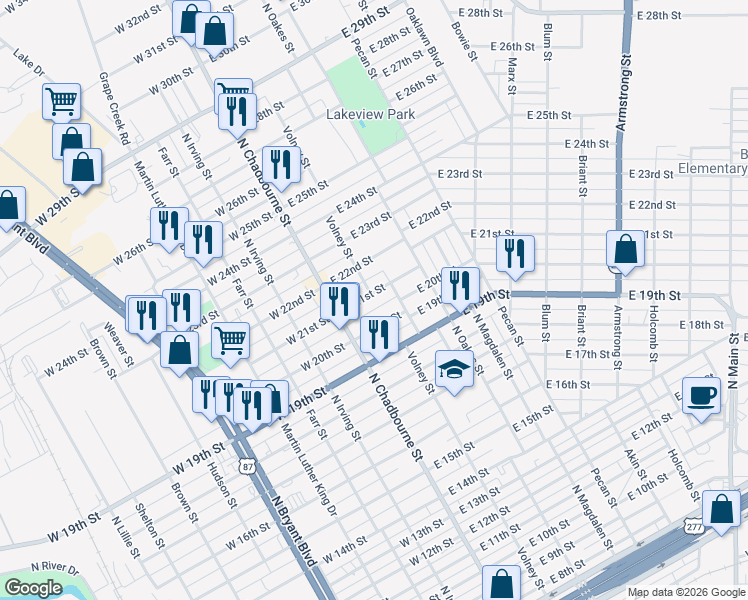 map of restaurants, bars, coffee shops, grocery stores, and more near 37 East 21st Street in San Angelo