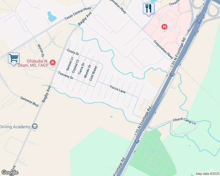 map of restaurants, bars, coffee shops, grocery stores, and more near 6600 Burling Street in Waco