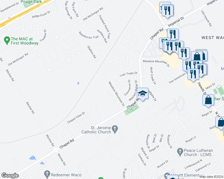 map of restaurants, bars, coffee shops, grocery stores, and more near 400 Meadow Mountain Drive in Waco