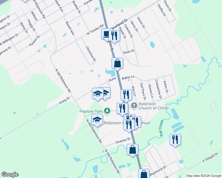 map of restaurants, bars, coffee shops, grocery stores, and more near 624 Apple Cross Court in Robinson