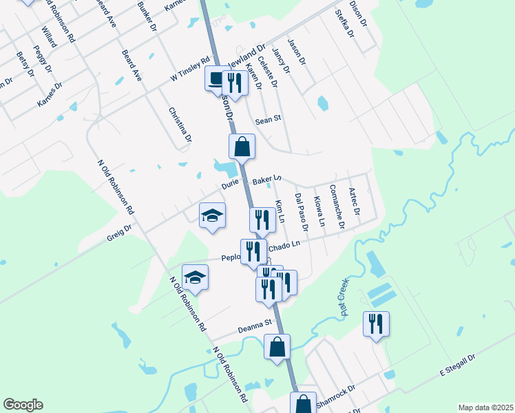 map of restaurants, bars, coffee shops, grocery stores, and more near 511 Robinson Drive in Robinson