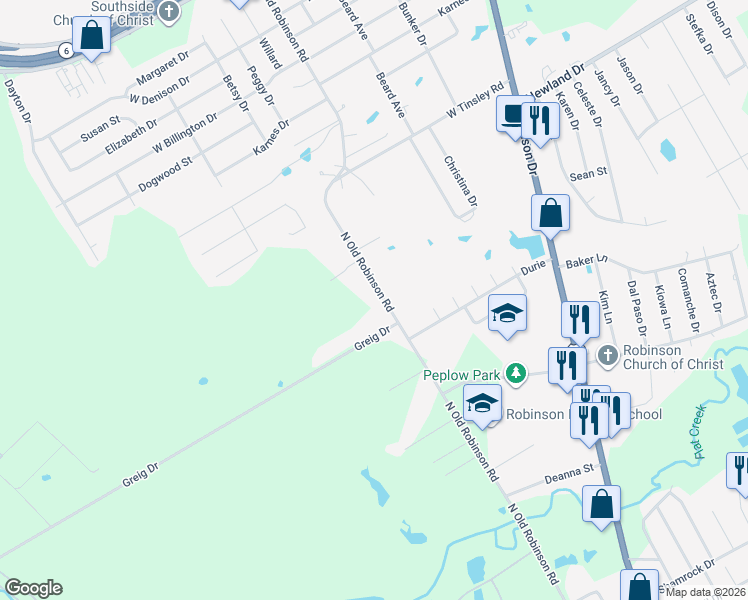 map of restaurants, bars, coffee shops, grocery stores, and more near 707 North Old Robinson Road in Robinson