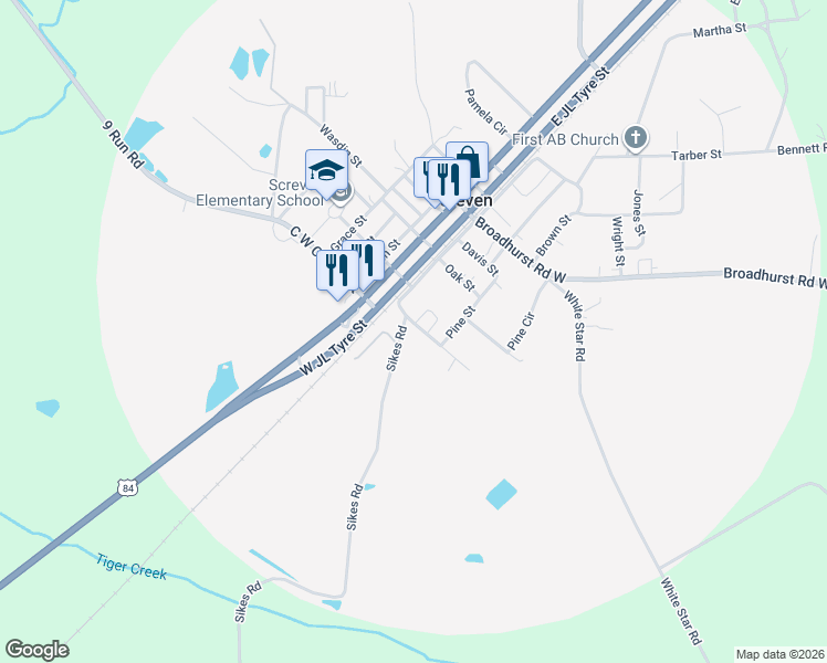 map of restaurants, bars, coffee shops, grocery stores, and more near 109 Joyner Street in Screven