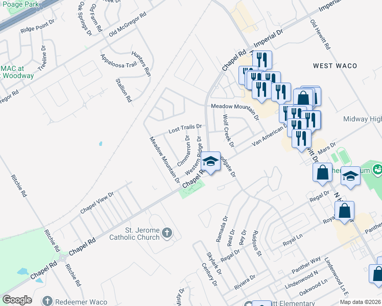 map of restaurants, bars, coffee shops, grocery stores, and more near 1212 Cimmarron Drive in Waco