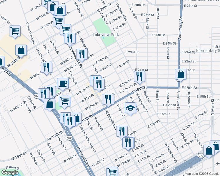 map of restaurants, bars, coffee shops, grocery stores, and more near 37 East 21st Street in San Angelo