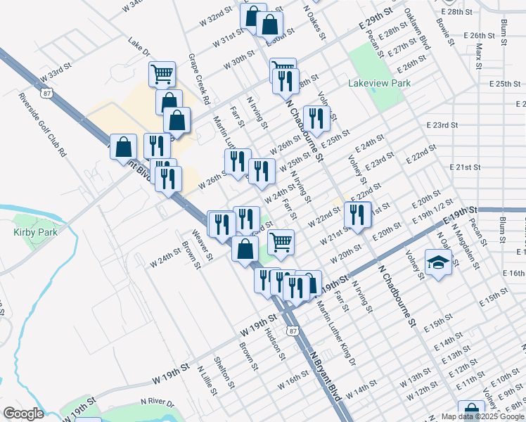 map of restaurants, bars, coffee shops, grocery stores, and more near 512 Stardust Lane in San Angelo