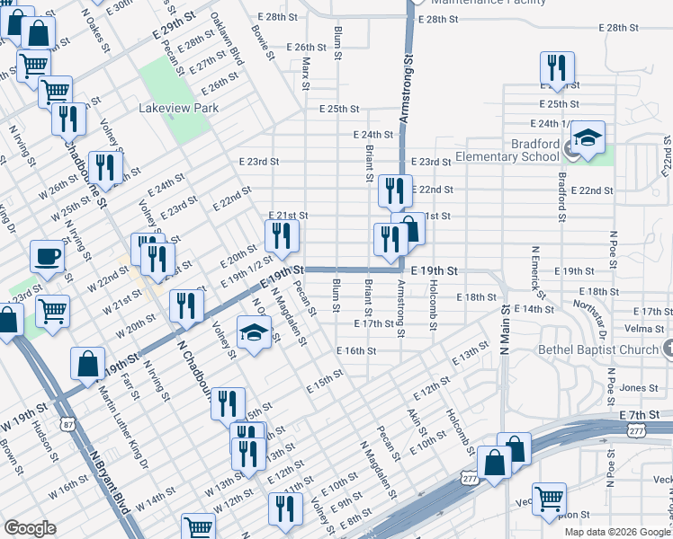 map of restaurants, bars, coffee shops, grocery stores, and more near 599 East 19th Street in San Angelo