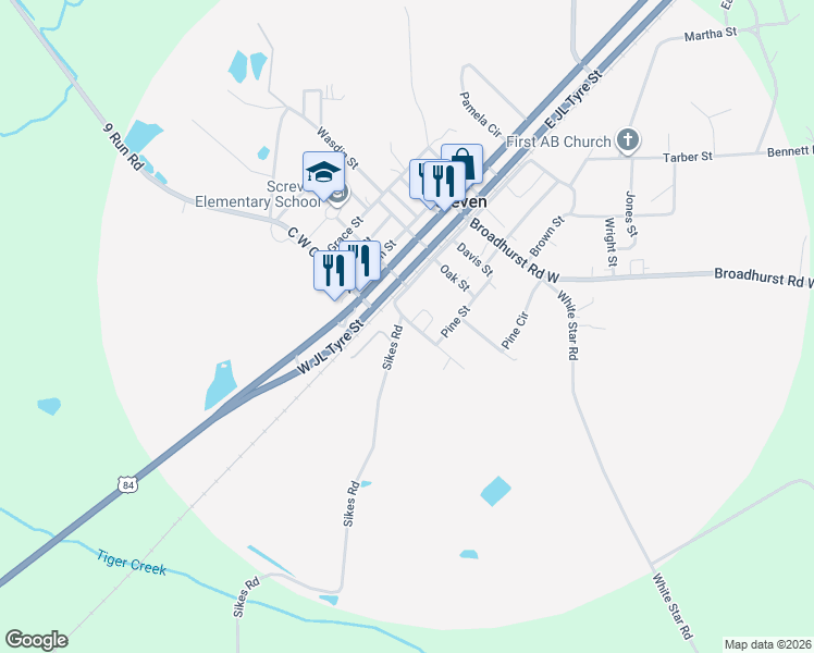 map of restaurants, bars, coffee shops, grocery stores, and more near 109 Joyner Street in Screven