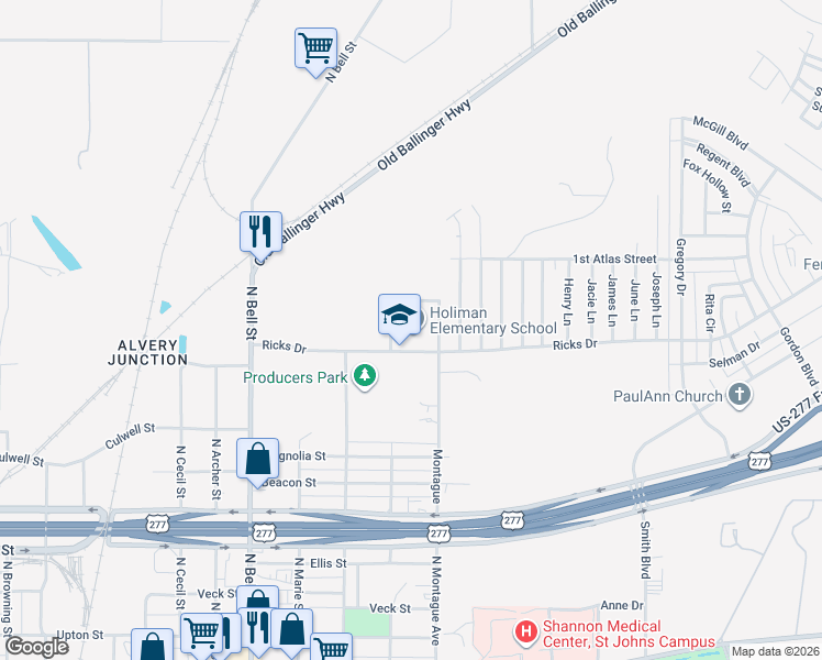 map of restaurants, bars, coffee shops, grocery stores, and more near 1900 Ricks Drive in San Angelo