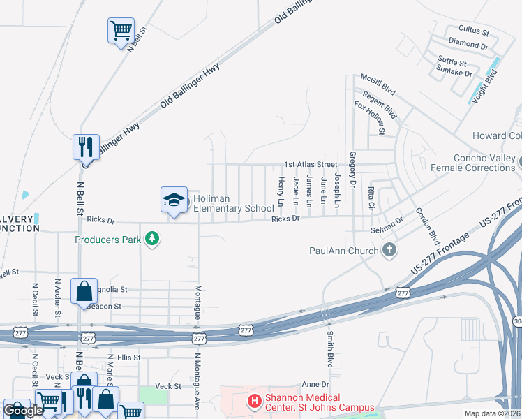 map of restaurants, bars, coffee shops, grocery stores, and more near 1205 Hugo Lane in San Angelo