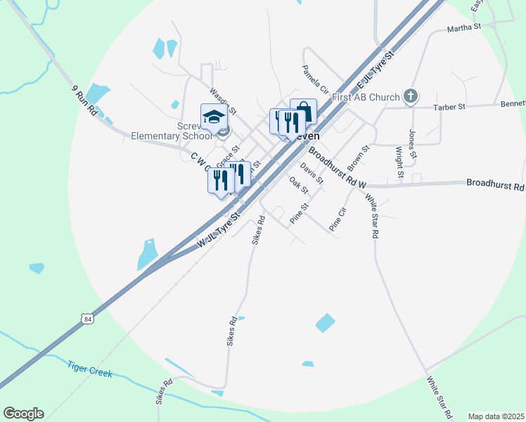 map of restaurants, bars, coffee shops, grocery stores, and more near 627 Sikes Road in Screven