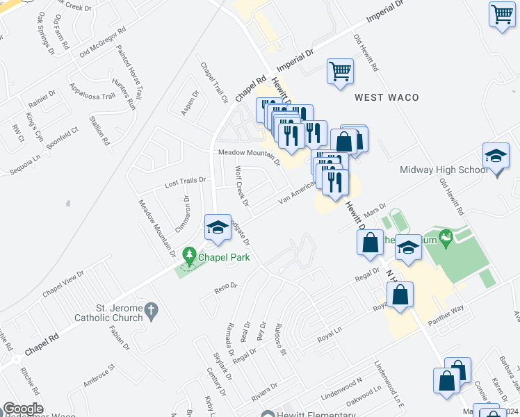 map of restaurants, bars, coffee shops, grocery stores, and more near 1304 Fort Collins Drive in Waco