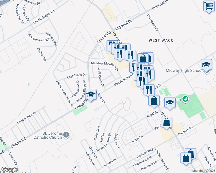 map of restaurants, bars, coffee shops, grocery stores, and more near 1304 Fort Collins Drive in Waco