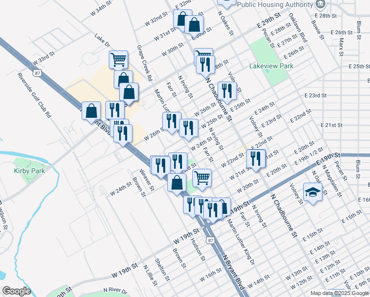 map of restaurants, bars, coffee shops, grocery stores, and more near 512 Stardust Lane in San Angelo