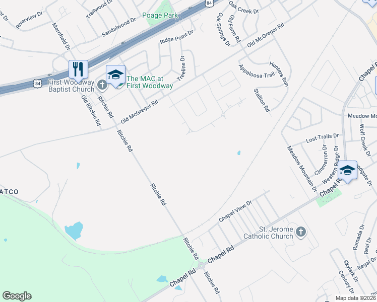 map of restaurants, bars, coffee shops, grocery stores, and more near 13099 Oak Ridge Drive in Woodway