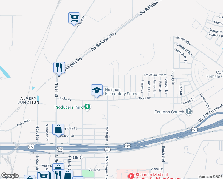 map of restaurants, bars, coffee shops, grocery stores, and more near 1998 N Montague Ave in San Angelo