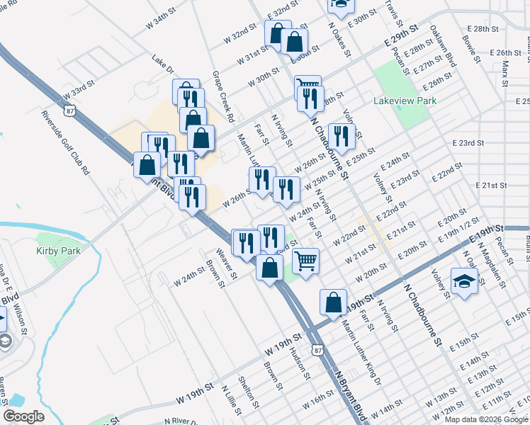 map of restaurants, bars, coffee shops, grocery stores, and more near 323 West 26th Street in San Angelo